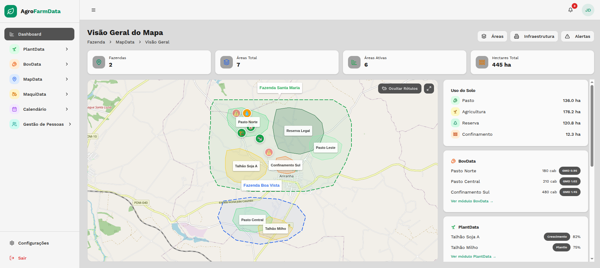 Mapa interativo da fazenda com talhões e pastos